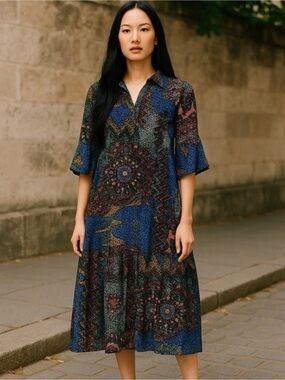 Johnny Was Nash Burnout Velvet Patchwork 3/4 Bell Sleeve Dress Small Multicolor